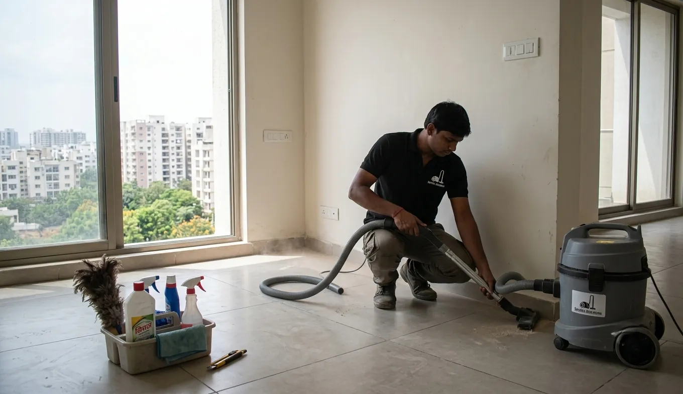 Professional cleaner preparing an empty Hyderabad home before move-in Professional cleaner preparing an empty Hyderabad home before move-in